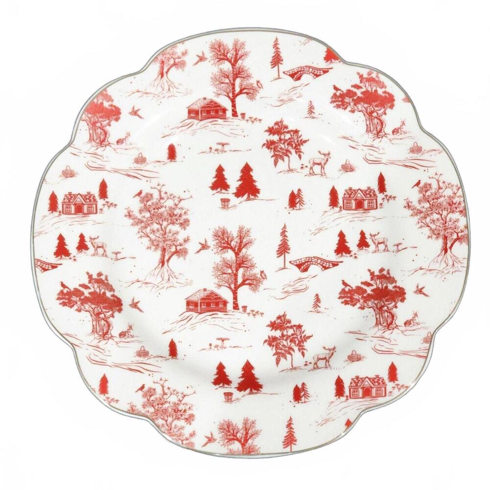 Grace Teaware Winter Village 2pc Red  9.25" Salad Plate Toile Scallop Gold Trim